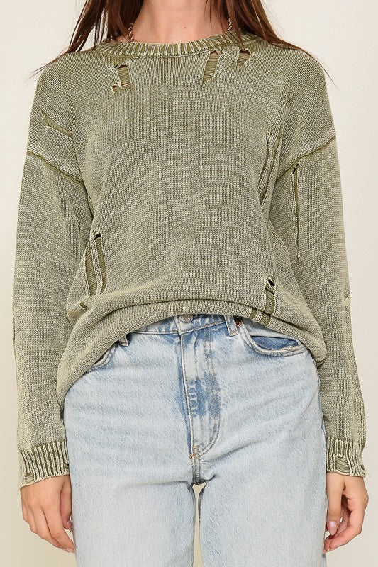 MINERAL WASH DISTRESSED SWEATER