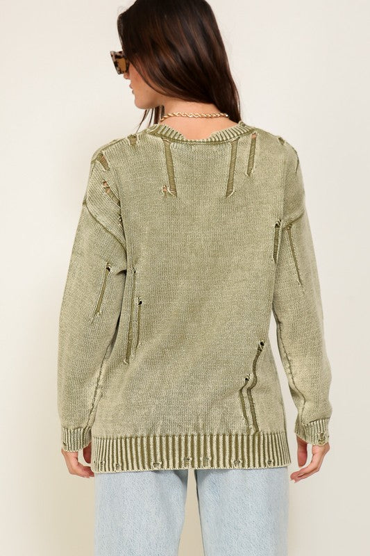 MINERAL WASH DISTRESSED SWEATER