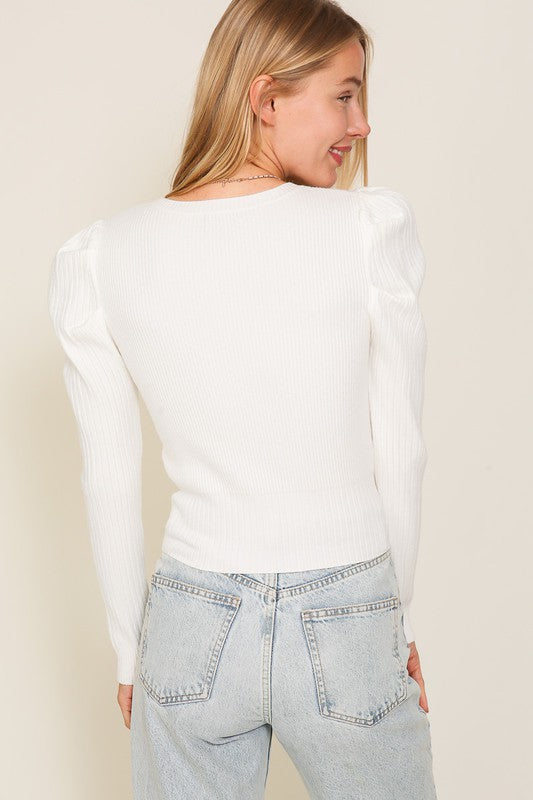LONG SLEEVE RIBBED PUFF SLEEVE KNIT TOP