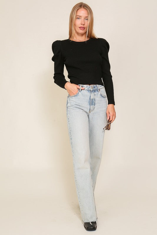 LONG SLEEVE RIBBED PUFF SLEEVE KNIT TOP