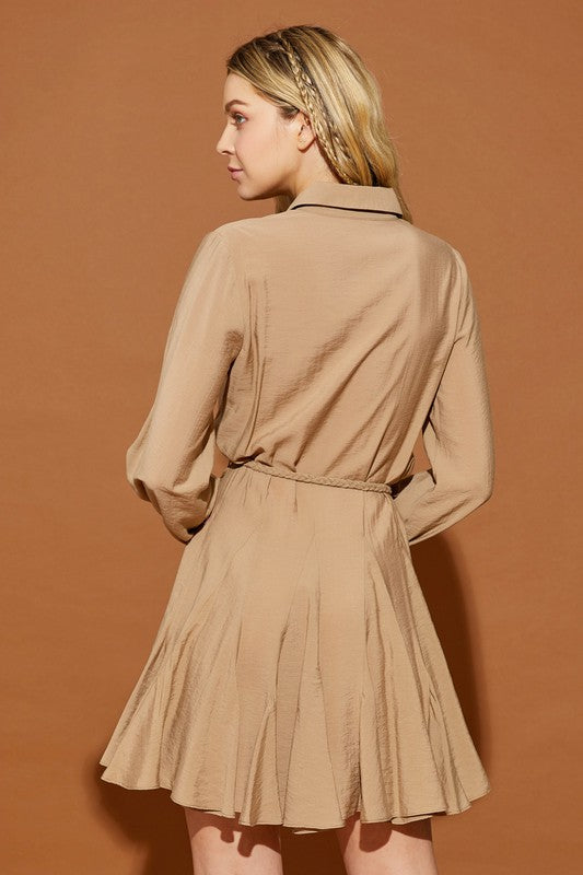 TWISTED BELT LONG SLEEVE SHIRT DRESS