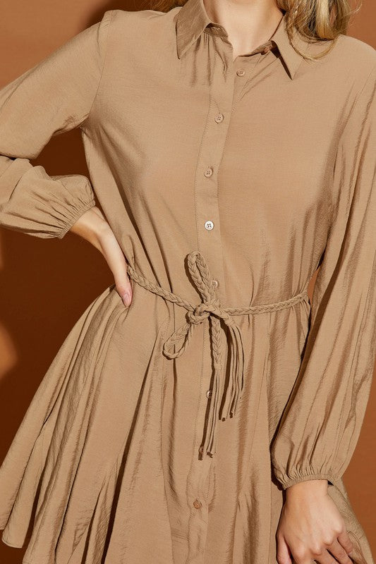 TWISTED BELT LONG SLEEVE SHIRT DRESS