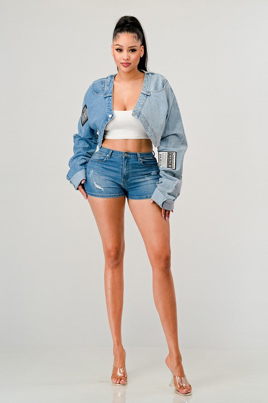 DENIM PATCHED X-CONTRAST TOP