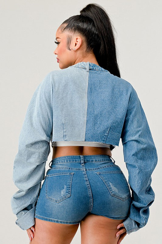 DENIM PATCHED X-CONTRAST TOP