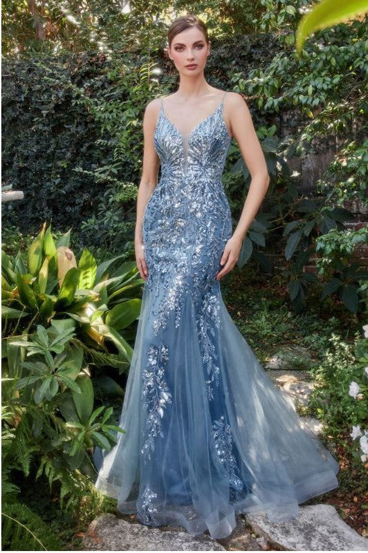 FITTED MERMAID GOWN WITH BEADED LACE APPLIQUE