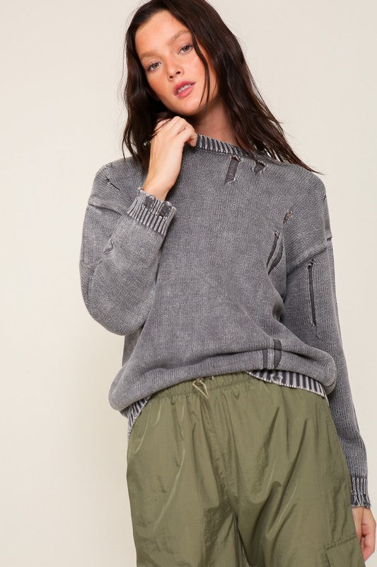 MINERAL WASH DISTRESSED SWEATER