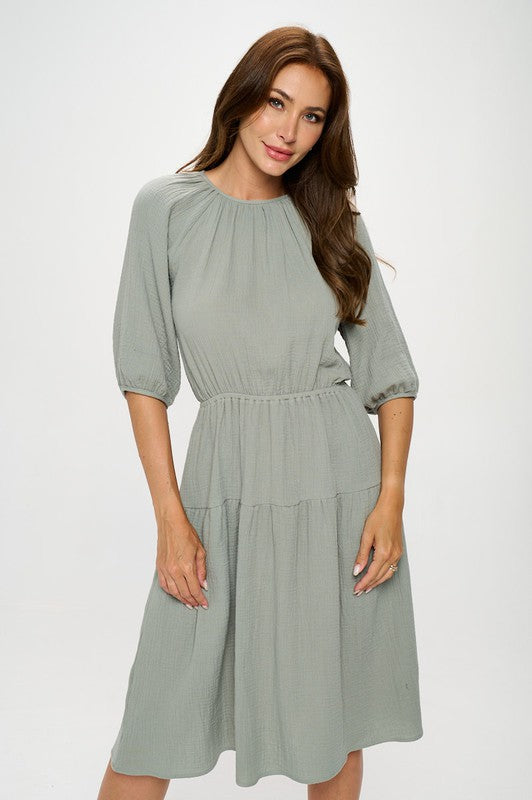 3/4 SLEEVE TIERED MIDI DRESS