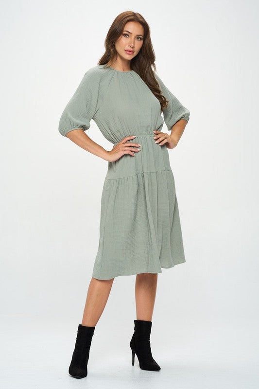 3/4 SLEEVE TIERED MIDI DRESS