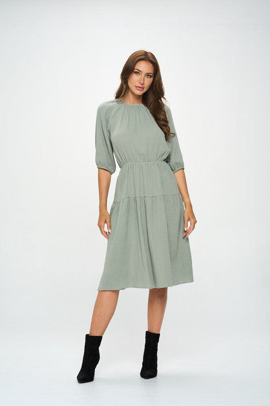 3/4 SLEEVE TIERED MIDI DRESS