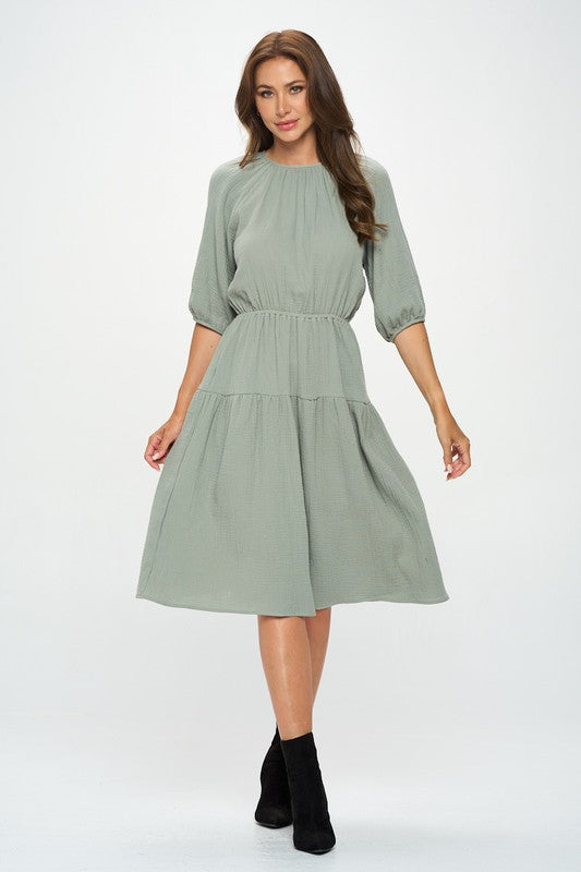 3/4 SLEEVE TIERED MIDI DRESS