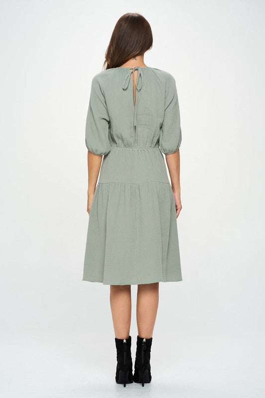 3/4 SLEEVE TIERED MIDI DRESS