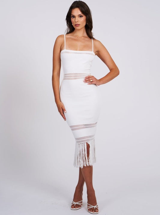 MISS CIRCLE SORAYA KNIT CROCHET FRINGE MIDI DRESS