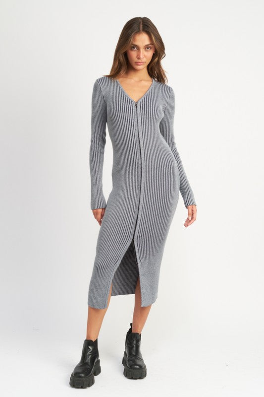 V NECK MIDI SWEATER DRESS WITH TWO WAY ZIPPER