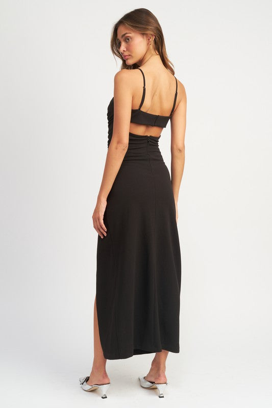 SIDE RUCHED MAXI DRESS WITH SPAGHETTI STRAPS