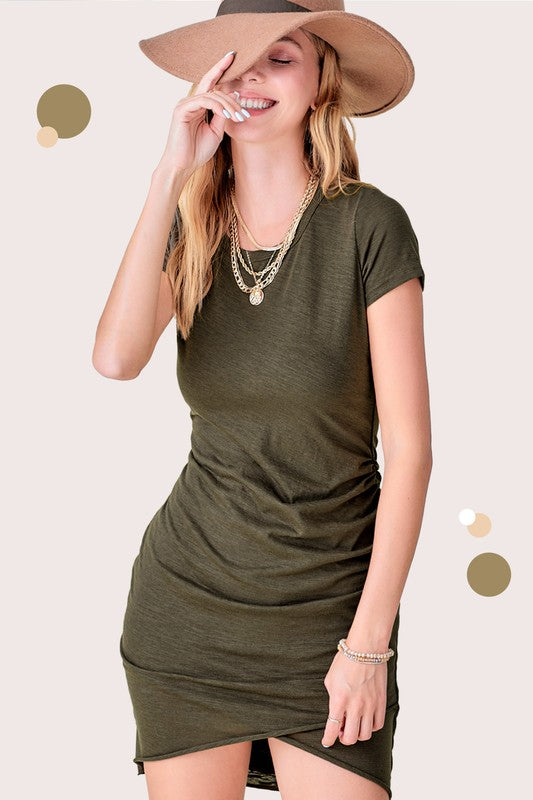 SOFT RUCHED ROUND NECK SHORT SLEEVE MINI DRESS