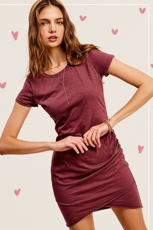 SOFT RUCHED ROUND NECK SHORT SLEEVE MINI DRESS