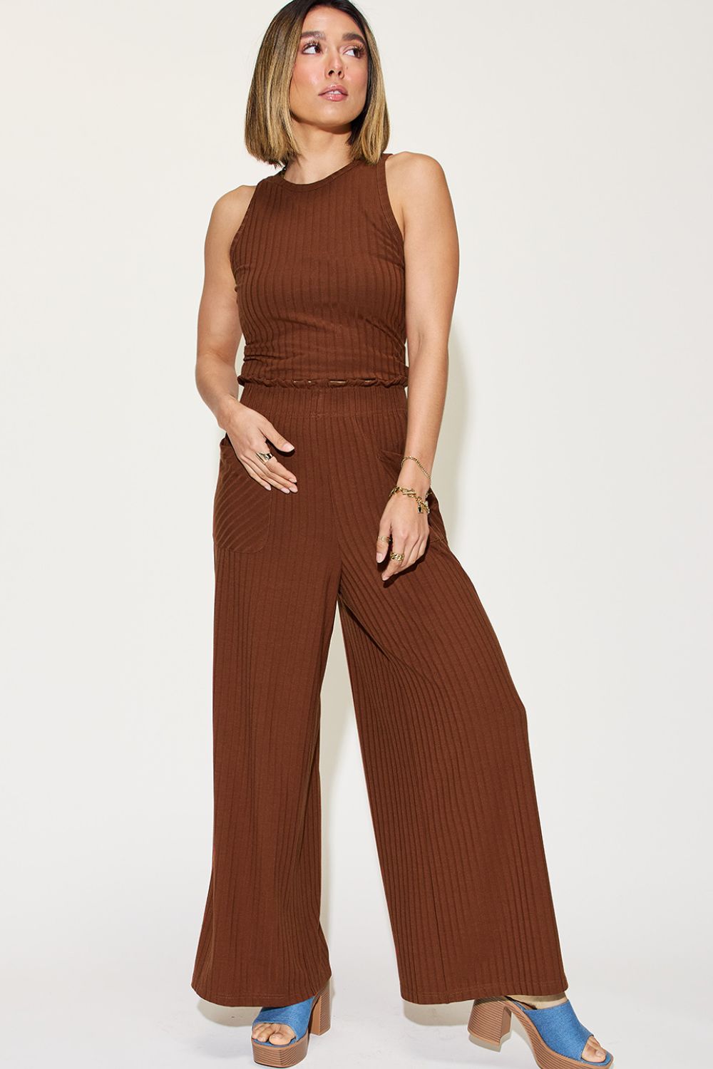 BASIC BAE RIBBED TANK AND WIDE LEG PANTS SET