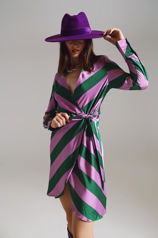 STRIPED  SATIN WRAP  DRESS