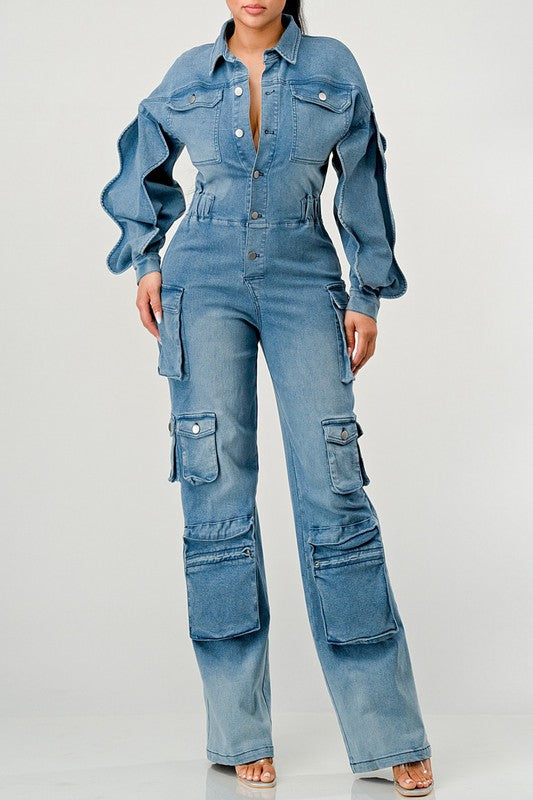 ATHINA DENIM CARGO RUFFLE SLEEVE JUMPSUIT