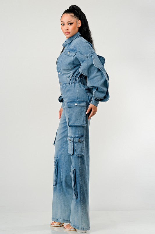 ATHINA DENIM CARGO RUFFLE SLEEVE JUMPSUIT