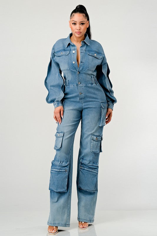 ATHINA DENIM CARGO RUFFLE SLEEVE JUMPSUIT