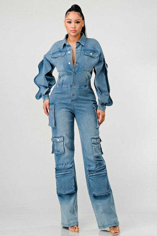 ATHINA DENIM CARGO RUFFLE SLEEVE JUMPSUIT