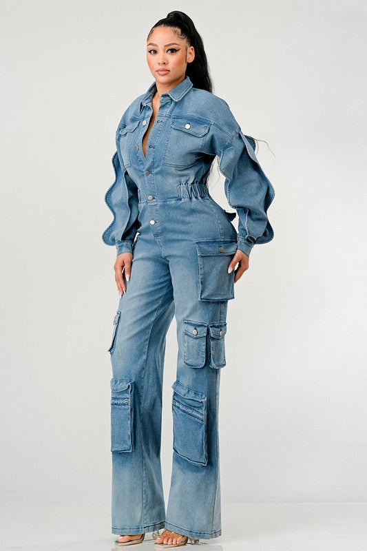 ATHINA DENIM CARGO RUFFLE SLEEVE JUMPSUIT