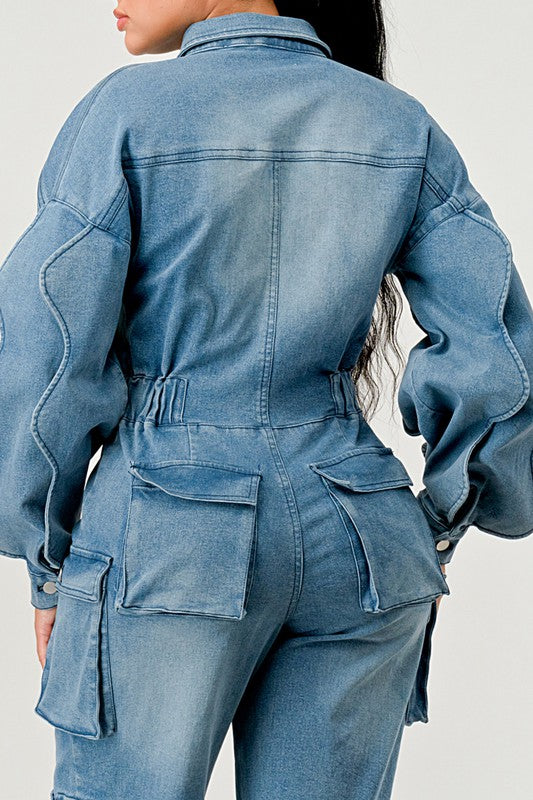 ATHINA DENIM CARGO RUFFLE SLEEVE JUMPSUIT