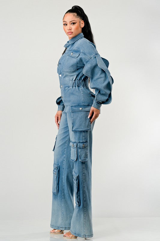 ATHINA DENIM CARGO RUFFLE SLEEVE JUMPSUIT