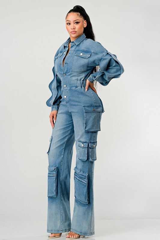 ATHINA DENIM CARGO RUFFLE SLEEVE JUMPSUIT