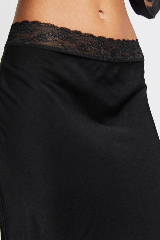 SATIN MIDI SKIRT WITH LACE DETAIL