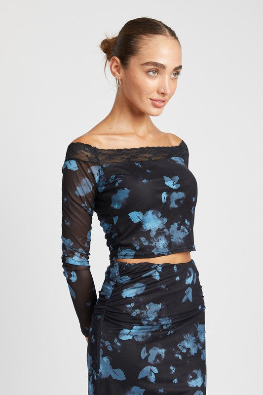 OFF THE SHOULDER FLORAL TOP WITH LACE DETAIL