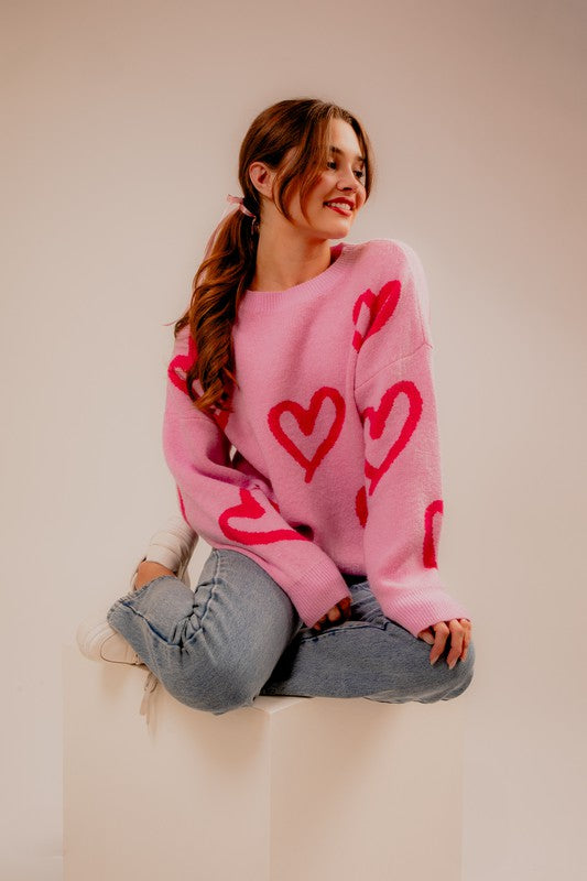 LONG SLEEVE ROUND NECK HEART PRINTED SWEATER