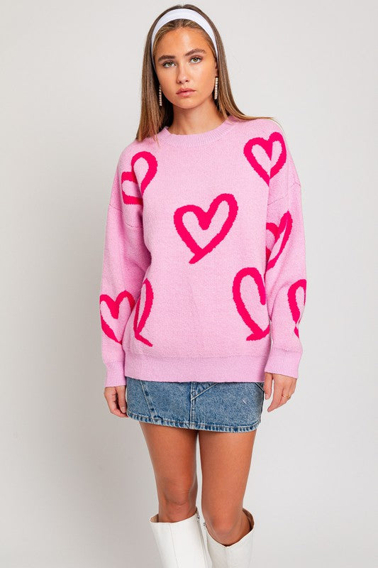 LONG SLEEVE ROUND NECK HEART PRINTED SWEATER