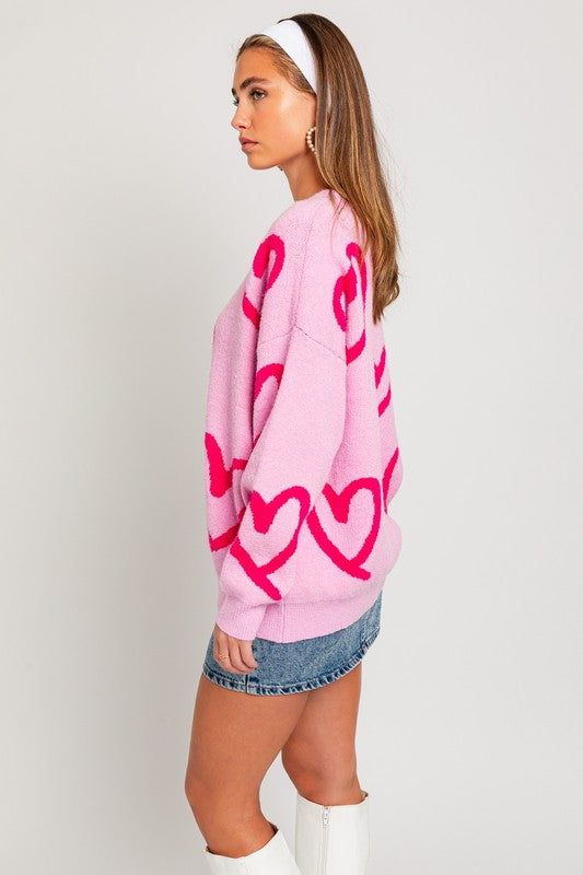 LONG SLEEVE ROUND NECK HEART PRINTED SWEATER