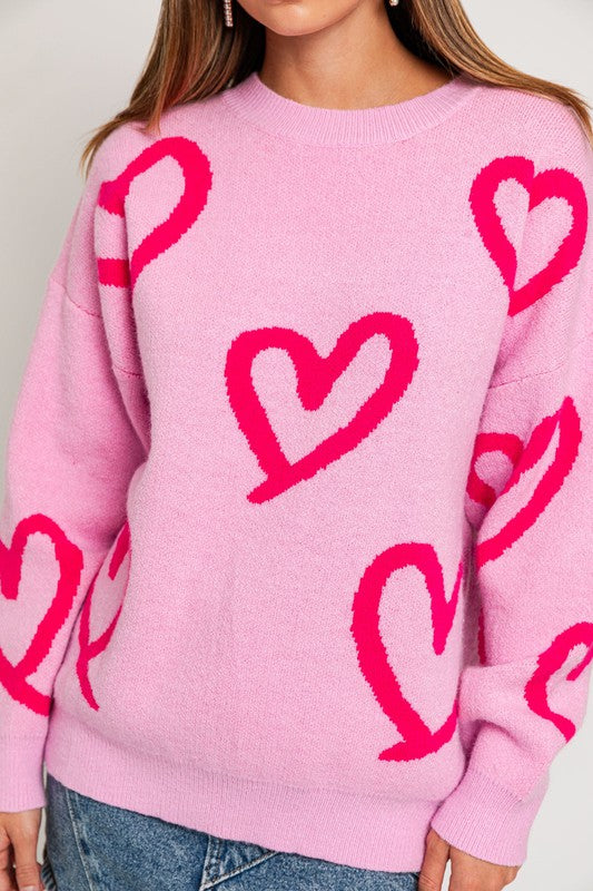 LONG SLEEVE ROUND NECK HEART PRINTED SWEATER