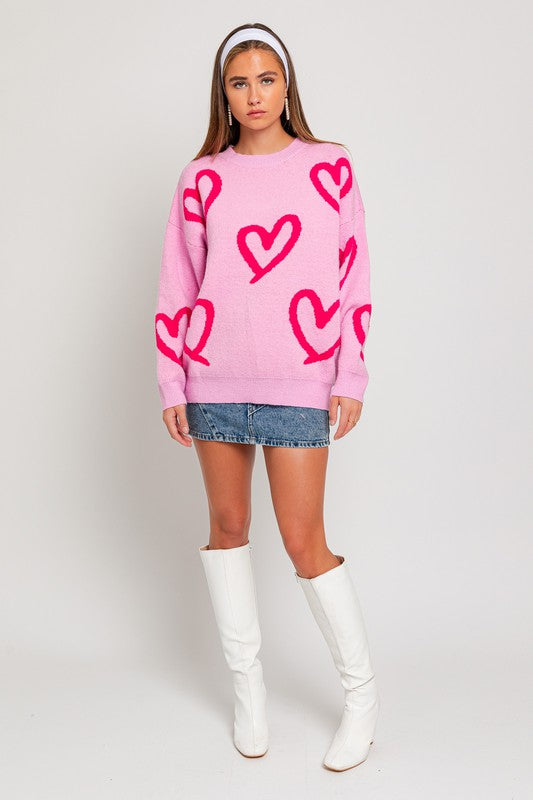 LONG SLEEVE ROUND NECK HEART PRINTED SWEATER