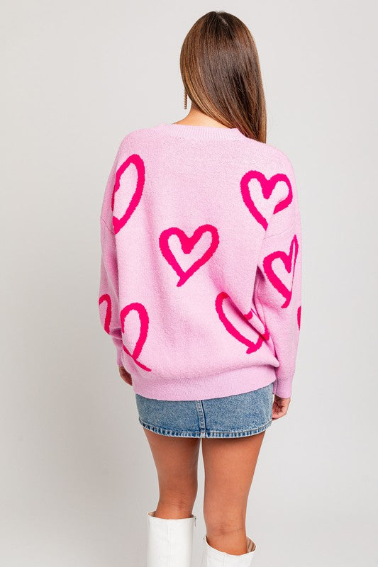 LONG SLEEVE ROUND NECK HEART PRINTED SWEATER