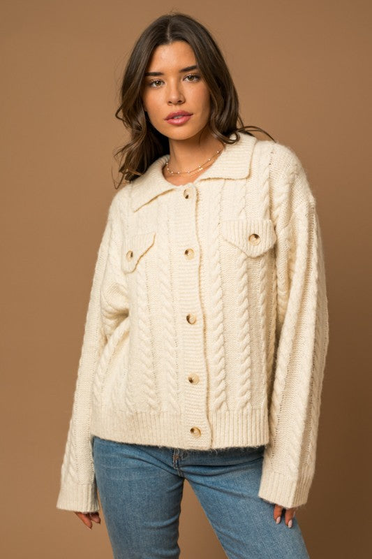 COLLARED CABLE SWEATER CARDIGAN