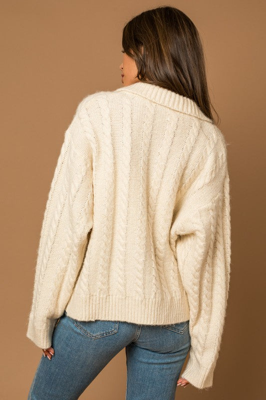 COLLARED CABLE SWEATER CARDIGAN