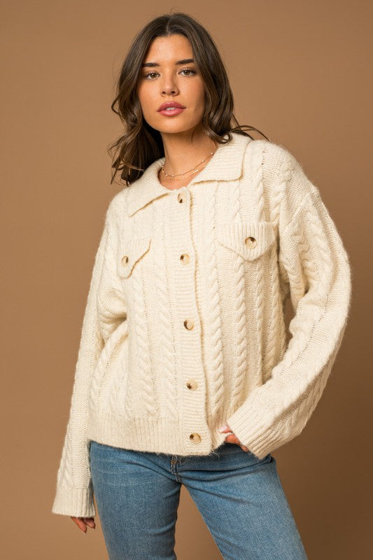 COLLARED CABLE SWEATER CARDIGAN