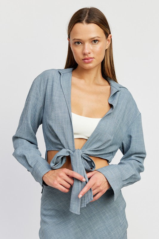TIE FRONT CROPPED BLOUSE