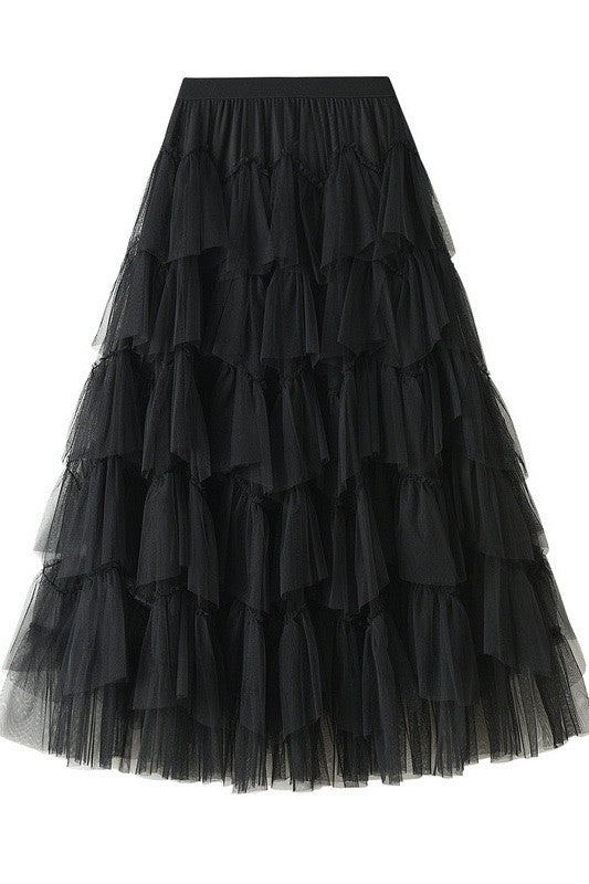 TIERED MESH MIDI SKIRT