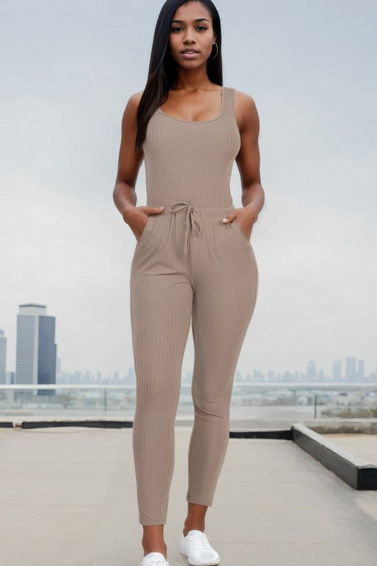 RIBBED SLEEVELESS DRAWSTRING JUMPSUIT