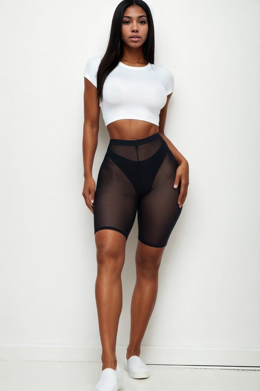 COVER UP BODYCON MESH SHEER BIKER SHORTS