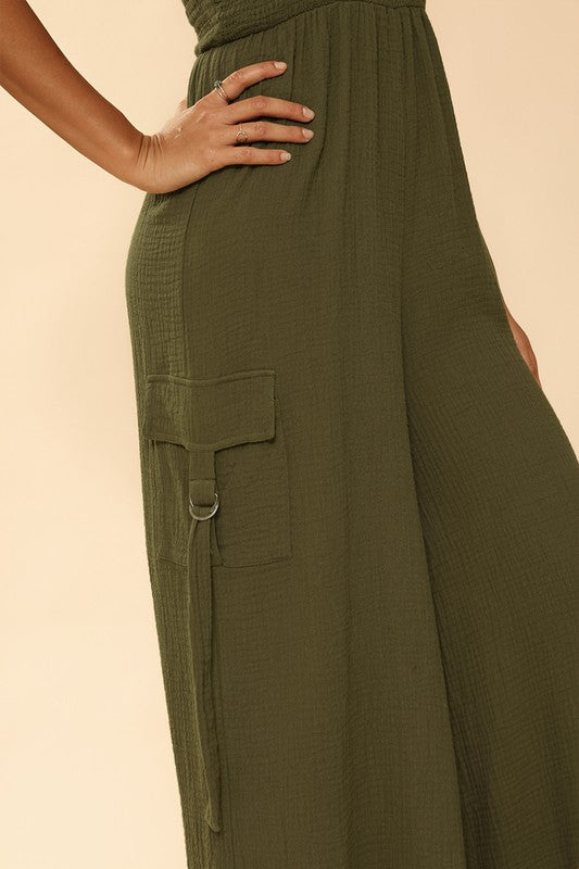 SMOCKED WIDE LEG CARGO JUMPSUIT