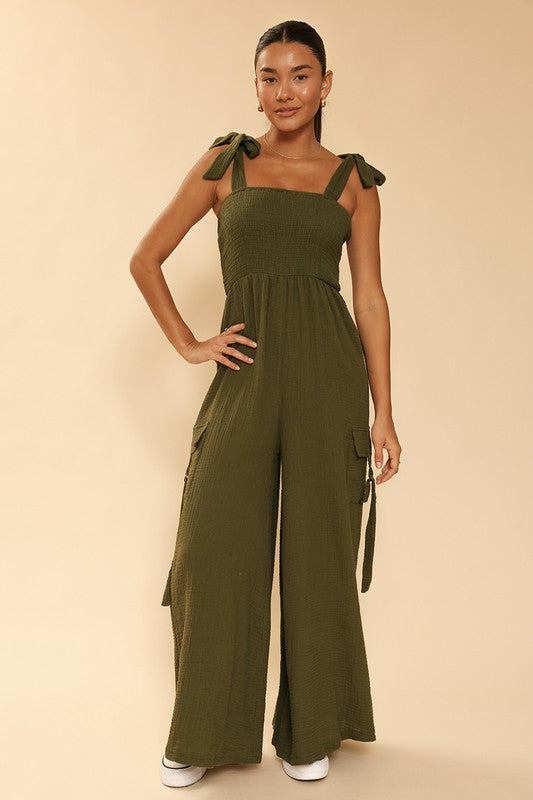 SMOCKED WIDE LEG CARGO JUMPSUIT