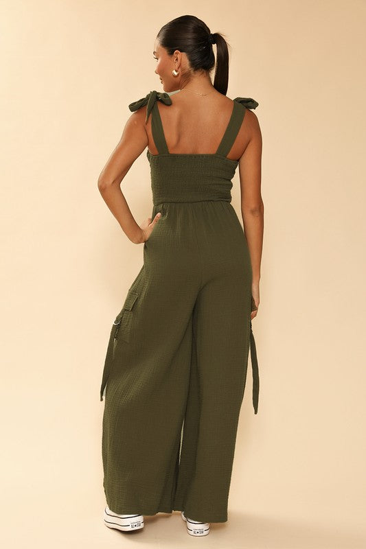 SMOCKED WIDE LEG CARGO JUMPSUIT