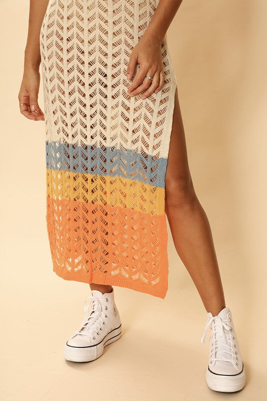 OPEN KNIT COLOR BLOCK DRESS/ COVER UP