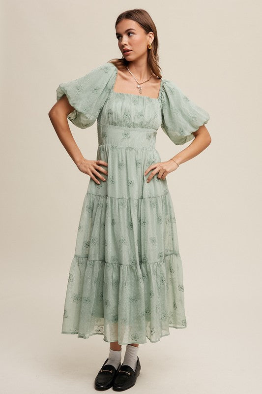 FLOWER EMBROIDERED PUFF SLEEVE TIERED MAXI DRESS
